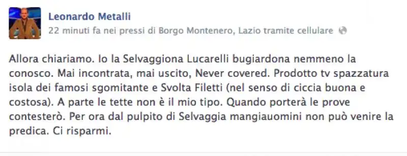 SCAZZO SELVAGGIA LUCARELLI LEONARDO METALLI SU FACEBOOK 