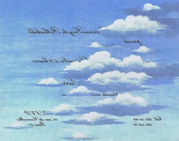 The D ner des T tes Surr alistes reversed writing invitation after a Magritte sky 