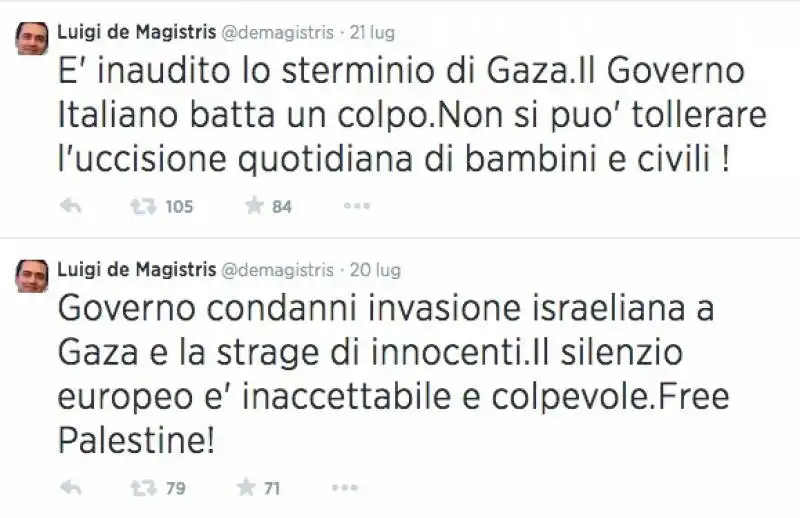 TWEET PRO-PALESTINA DI DE MAGISTRIS  