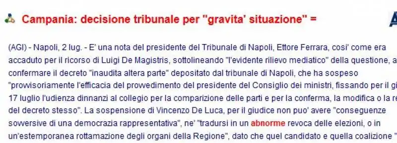 ERRORE DELL'AGI CHE CONFONDE LE PAOLE DEI LEGALI DI DE LUCA CON QUELLE DEL GIUDICE