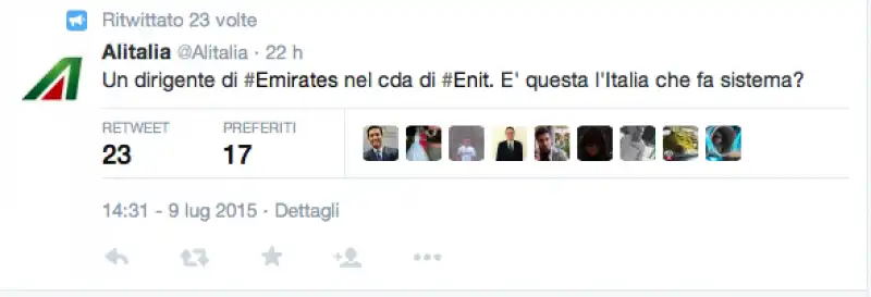 TWEET ALITALIA SU ENIT