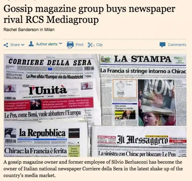 il financial times su cairo che si compra il corriere