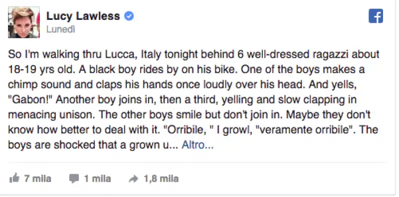 IL POST DI LUCY LAWLESS SU FACEBOOK