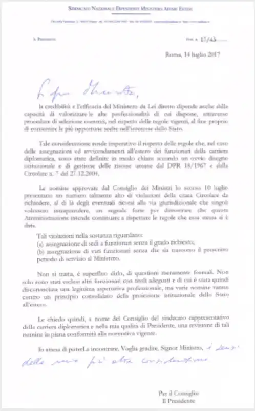 LETTERA DIPLOMATICI CONTRO ALFANO