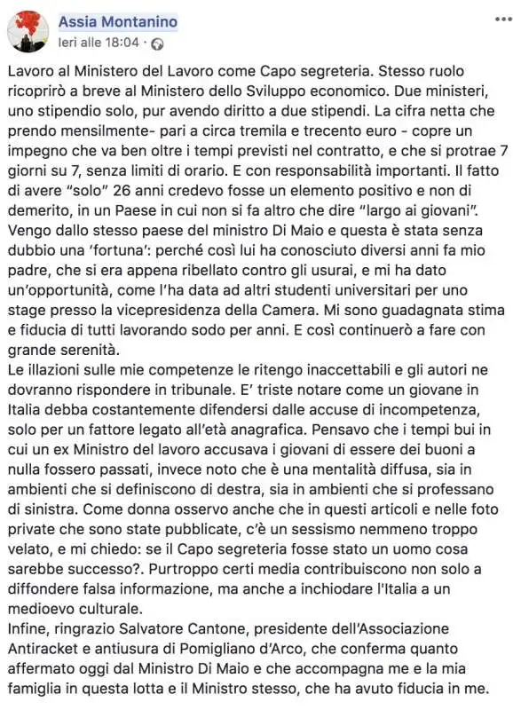 IL POST FACEBOOK DI ASSIA MONTANINO