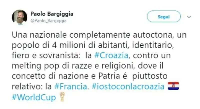 IL TWEET DI PAOLO BARGIGGIA SU FRANCIA CROAZIA