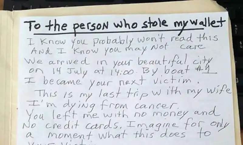 LA LETTERA DEL TURISTA AMERICANO RAPINATO A VENEZIA