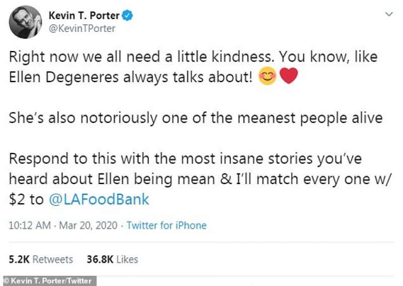 il tweet di kevin porter su ellen degeneres