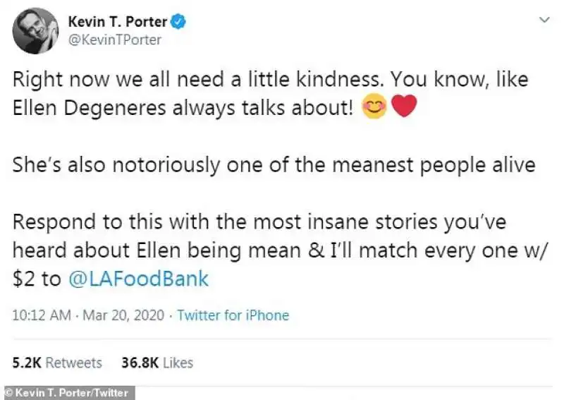 il tweet di kevin porter su ellen degeneres 