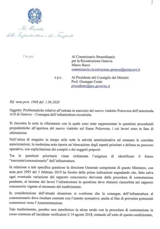 LA LETTERA DI PAOLA DE MICHELI A GIUSEPPE CONTE E BUCCI SUL PONTE DI GENOVA