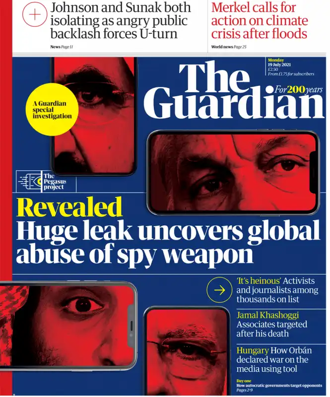 COVER DEL GUARDIAN SUI GOVERNI CHE SPIANO I CITTADINI CON PEGASUS