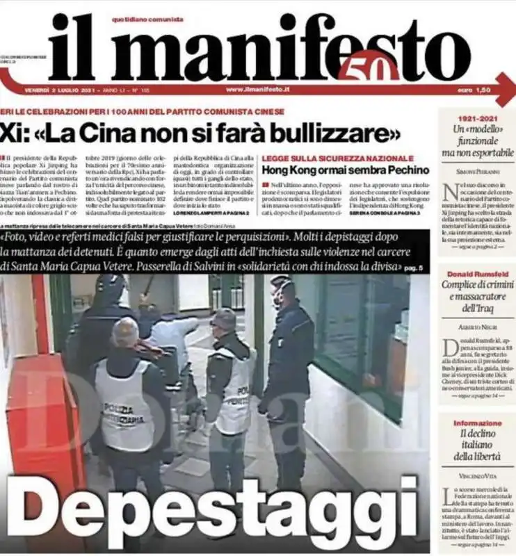 DEPESTAGGI - LA PRIMA PAGINA DEL MANIFESTO SULLE VIOLENZE A SANTA MARIA CAPUA VETERE - 2 LUGLIO 2021