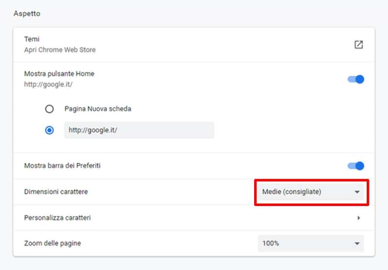 dimensioni carattere chrome