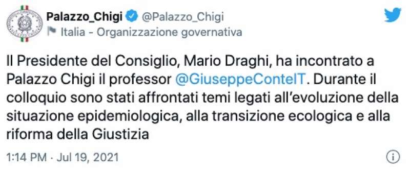 IL TWEET DI PALAZZO CHIGI DOPO L'INCONTRO CONTE-DRAGHI