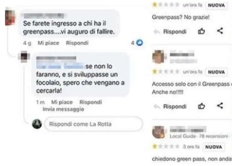 LE RECENSIONI NEGATIVE DEI NO VAX AI RISTORANTI CHE CHIEDONO IL GREEN PASS