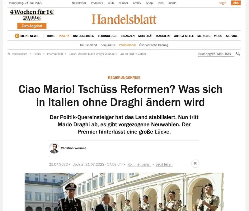 ARTICOLO DI HANDELSBLATT SULLA CADUTA DI MARIO DRAGHI 