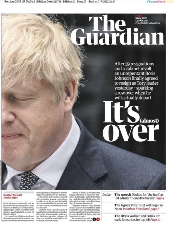 dimissioni di boris johnson prima pagina the guardian