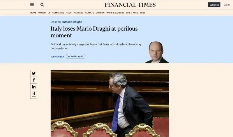 DIMISSIONI DI DRAGHI - EDITORIALE DI TONY BARBER SUL FINANCIAL TIMES