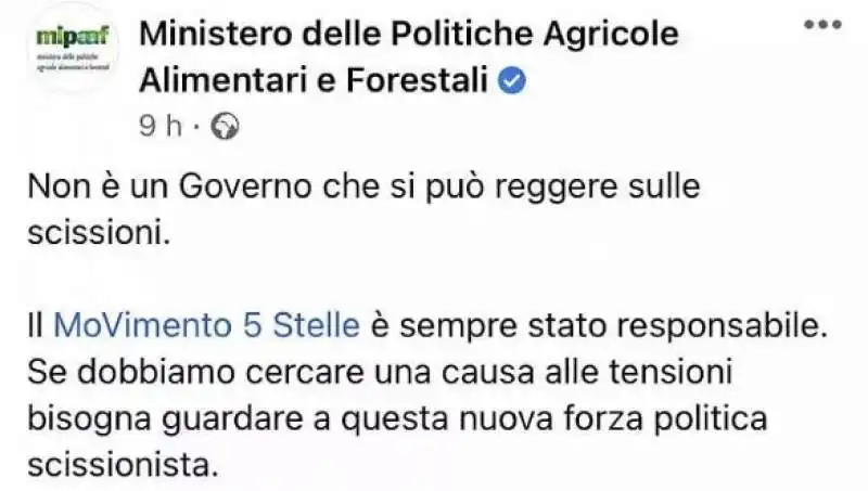 IL POST CONTRO DI MAIO SULL ACCOUNT FACEBOOK DEL MINISTERO DELL AGRICOLTURA