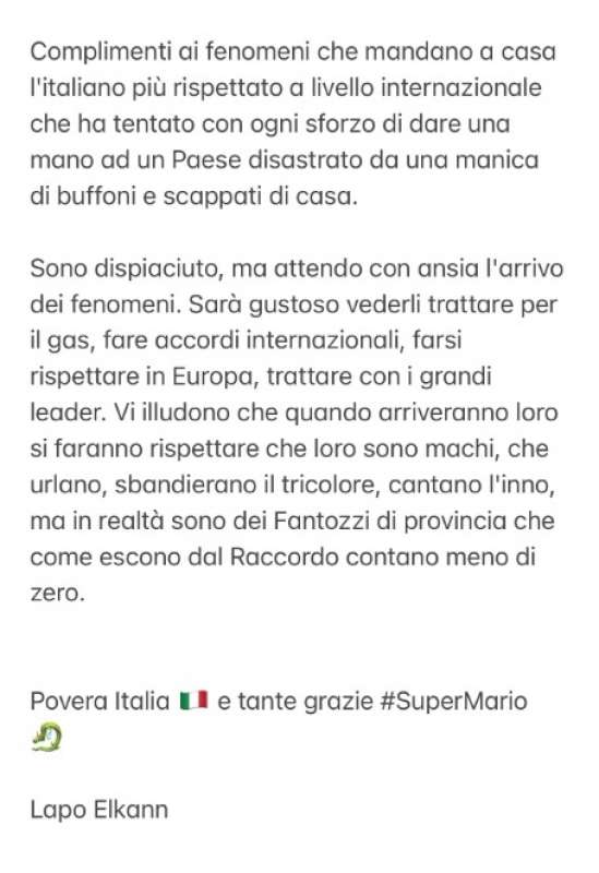 il post di lapo elkann sulle dimissioni di mario draghi