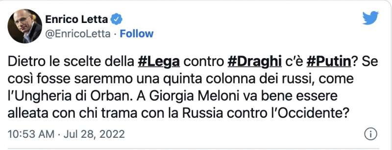 IL TWEET DI ENRICO LETTA A GIORGIA MELONI SUI RAPPORTI SALVINI-RUSSIA