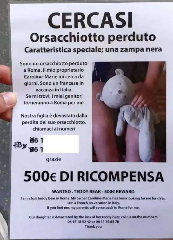 manifesti a roma per ritrovare il peluche smarrito