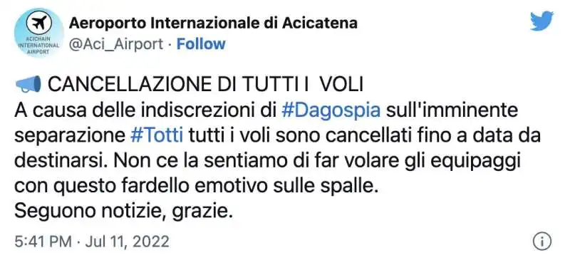 TWEET DELL AEROPORTO DI ACICATENA SUL DAGO-SCOOP TOTTI-BLASI