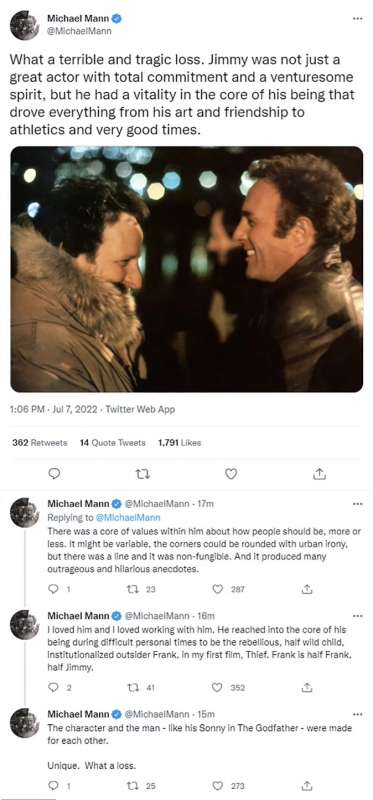 tweet di michael mann sulla morte di james caan