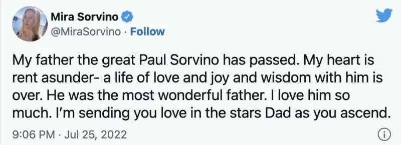 tweet di mira sorvino sulla morte del padre