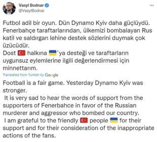 tweet di vasyl bodnar sui cori dei tifosi del fenerbahce