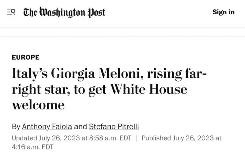 ARTICOLO DEL WASHINGTON POST SULLA VISITA DI GIORGIA MELONI NEGLI USA 