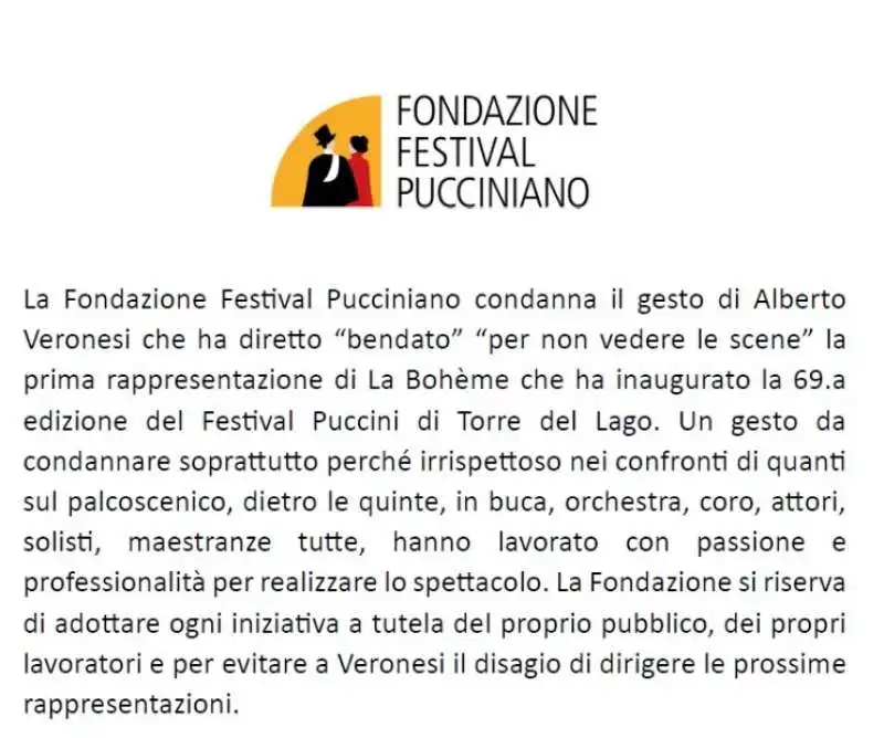 IL COMUNICATO DELLA FONDAZIONE FESTIVAL PUCCINIANO SU ALBERTO VERONESI 