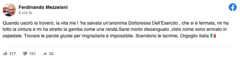 IL POST FACEBOOK DI FERDINANDO MEZZELANI SULLA DONNA CHE GLI HA SALVATO LA VITA