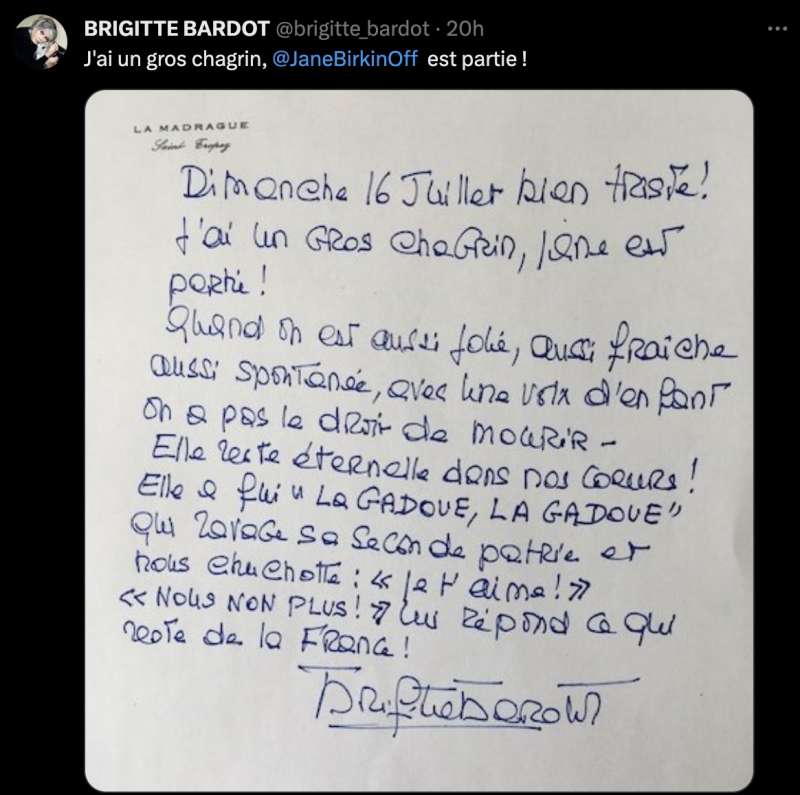 LA LETTERA DI BRIGITTE BARDOT DOPO LA MORTE DI JANE BIRKIN