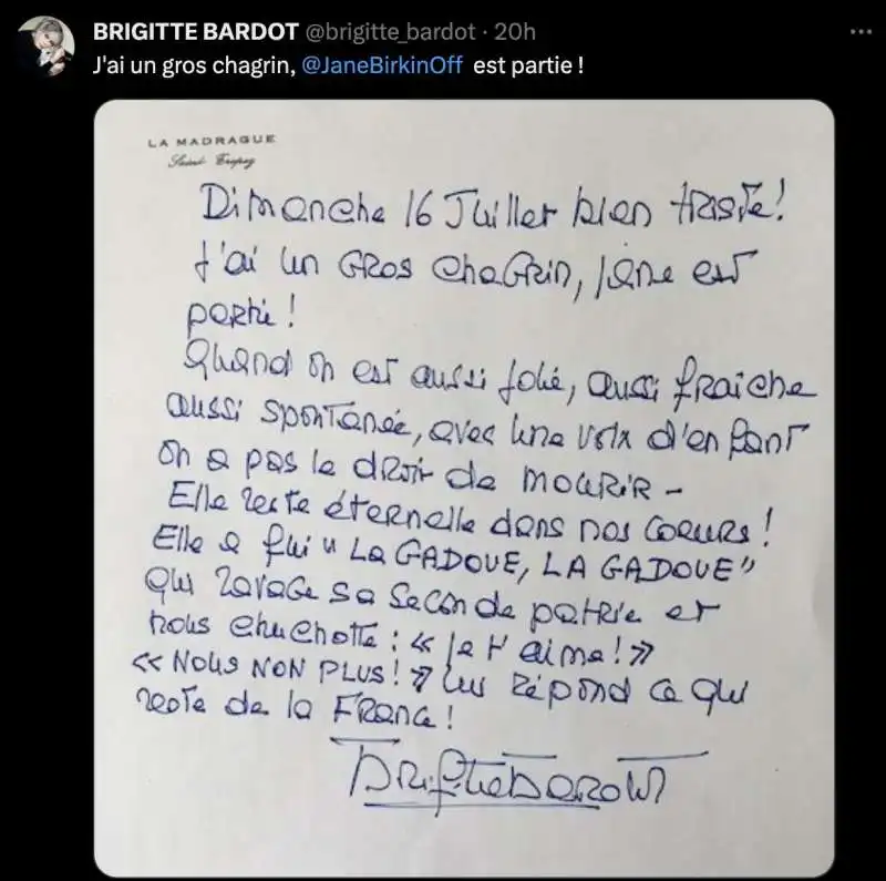 LA LETTERA DI BRIGITTE BARDOT DOPO LA MORTE DI JANE BIRKIN 