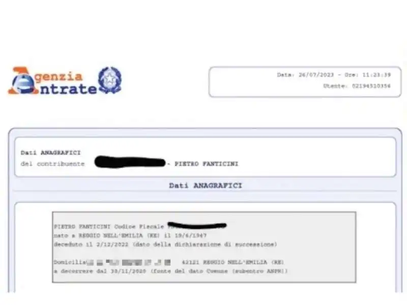 pietro fanticini risultava morto per l'agenzia delle entrare 
