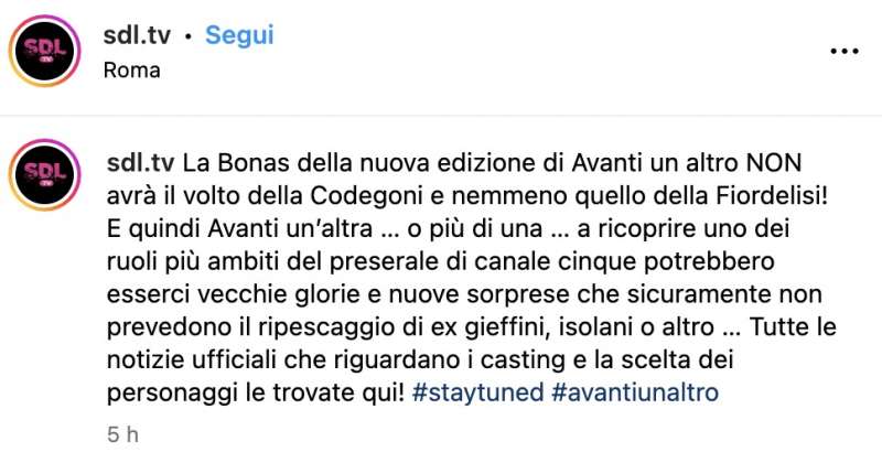 POST DI SONIA BRUGANELLI SU INSTAGRAM - AVANTI UN ALTRO