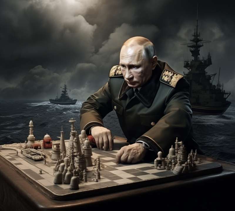 VLADIMIR PUTIN GIOCA A BATTAGLIA NAVALE - IMMAGINE CREATA CON MIDJOURNEY