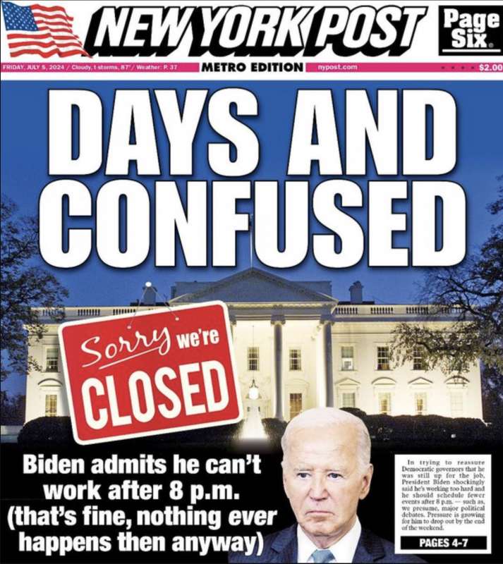 DAYS AND CONFUSED - COPERTINA DEL NEW YORK POST CONTRO BIDEN