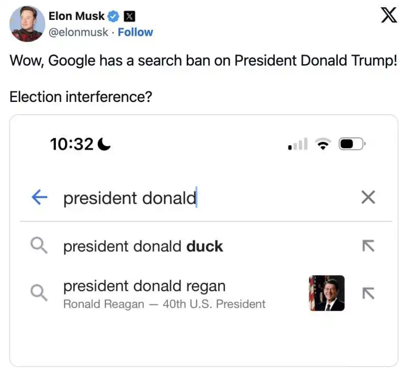 ELON MUSK CONTRO GOOGLE SULLA RICERCA PRESIDENT DONALD 