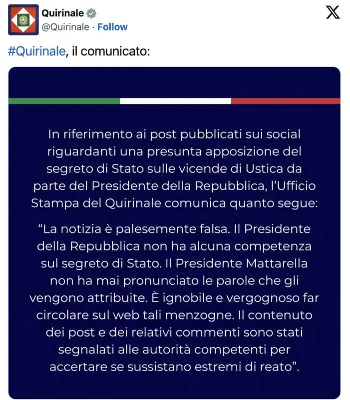 IL COMUNICATO DEL QUIRINALE - FAKE NEWS SU USTICA E MATTARELLA 