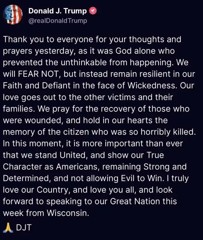 IL POST DI DONALD TRUMP DOPO L ATTENTATO A BUTLER, IN PENNSYLVANIA