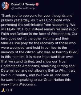 IL POST DI DONALD TRUMP DOPO L ATTENTATO A BUTLER, IN PENNSYLVANIA