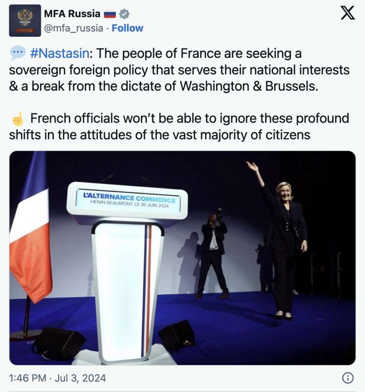 IL TWEET PRO LE PEN DEL MINISTERO DEGLI ESTERI RUSSO