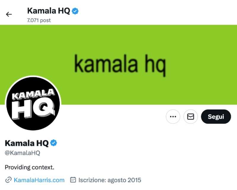 la pagina x kamala hq con il banner in stile brat