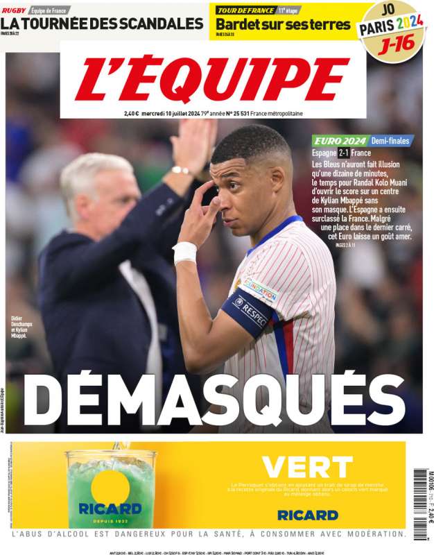 prima pagina di l'equipe dopo spagna francia