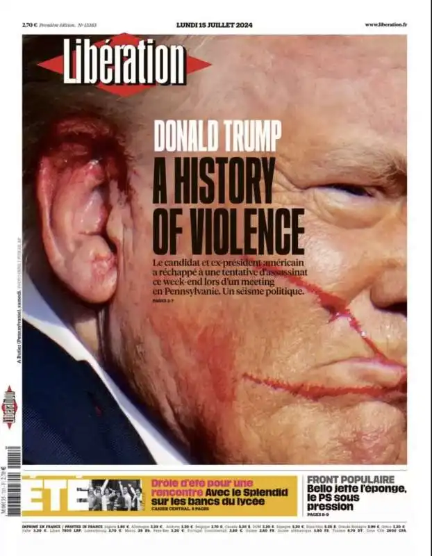 PRIMA PAGINA DI LIBERATION SULL ATTENTATO A DONALD TRUMP