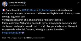 TWEET DI MATTEO SALVINI DOPO LE ELEZIONI LEGISLATIVE IN FRANCIA