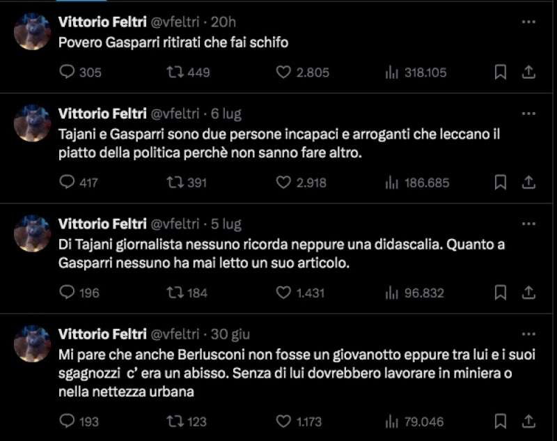 tweet di vittorio feltri contro maurizio gasparri antonio tajani e forza italia