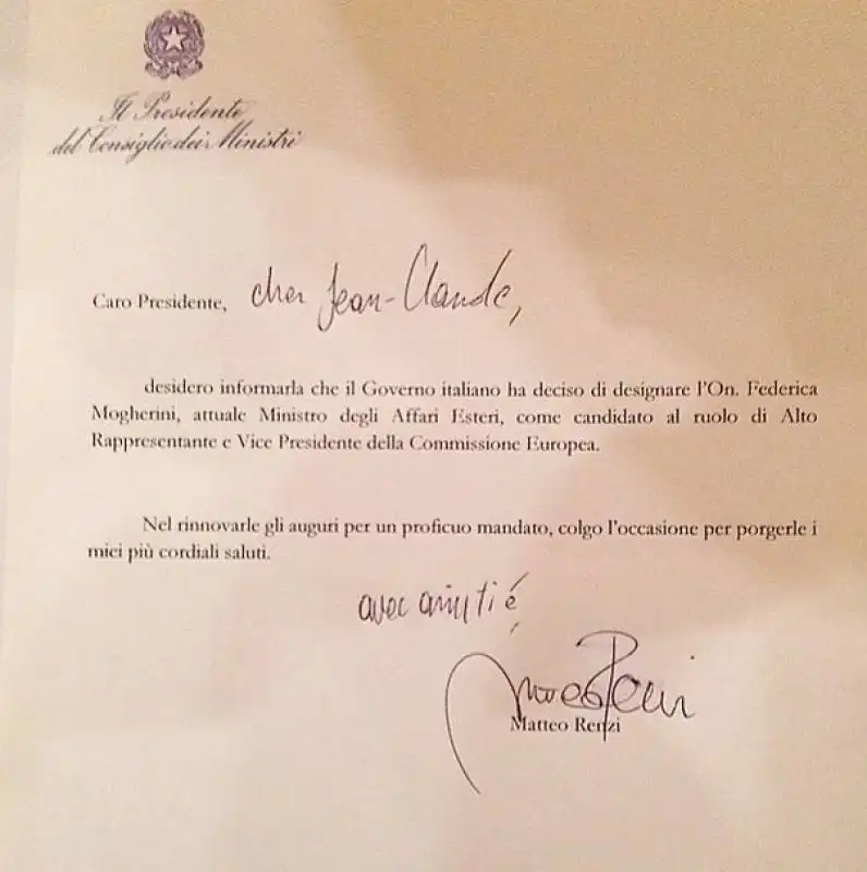 LETTERA DI RENZI A JUNCKER